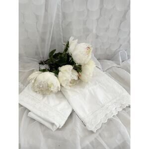 2 VTG 70’s QUEEN Pillowcases 100% Cotton CROCHETED LACE White SHABBY CHIC USA